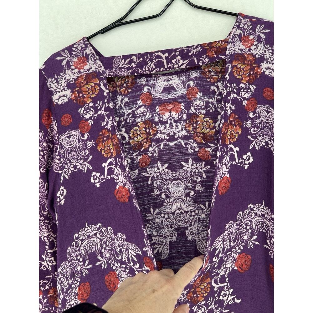 Free People Purple Floral Boho Tunic Top Open Back Bell Sleeve Womens Large - Picture 11 of 12